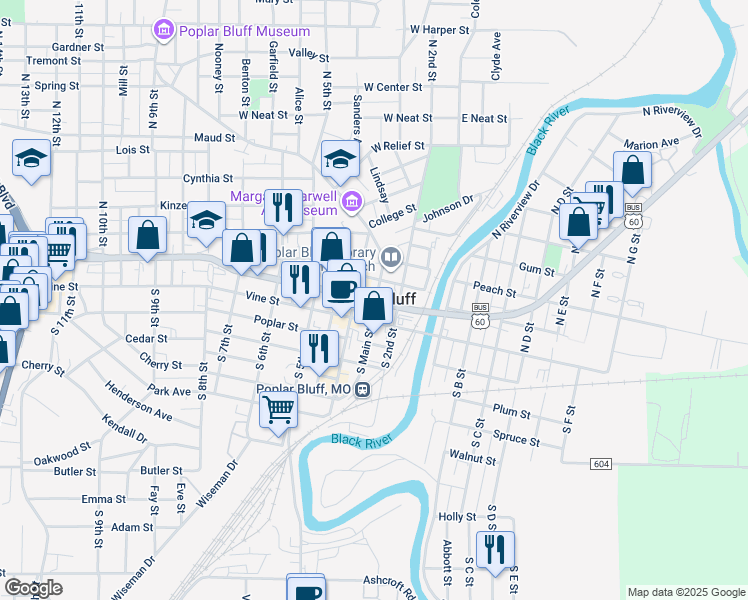 map of restaurants, bars, coffee shops, grocery stores, and more near 301-399 W Pine St in Poplar Bluff