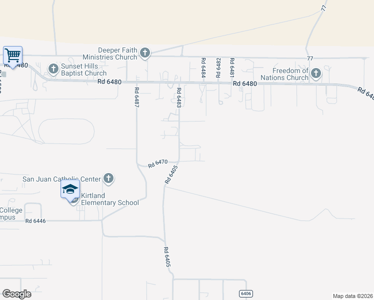 map of restaurants, bars, coffee shops, grocery stores, and more near 34 Road 6483 in Kirtland