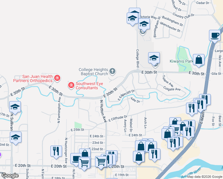 map of restaurants, bars, coffee shops, grocery stores, and more near 2702 East 30th Street in Farmington