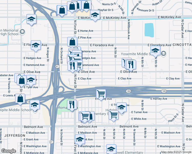map of restaurants, bars, coffee shops, grocery stores, and more near 3308 East Olive Avenue in Fresno