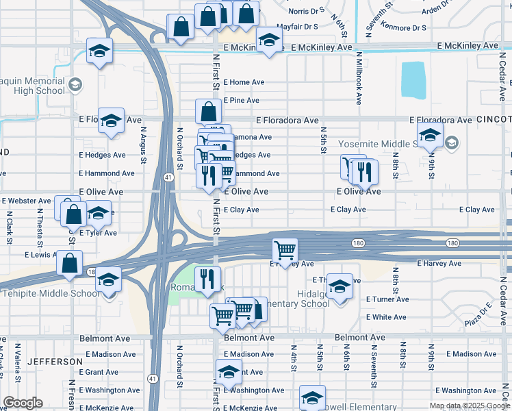 map of restaurants, bars, coffee shops, grocery stores, and more near in Fresno