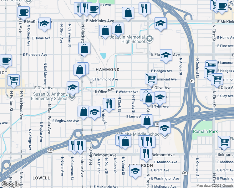 map of restaurants, bars, coffee shops, grocery stores, and more near 2100 East Olive Avenue in Fresno