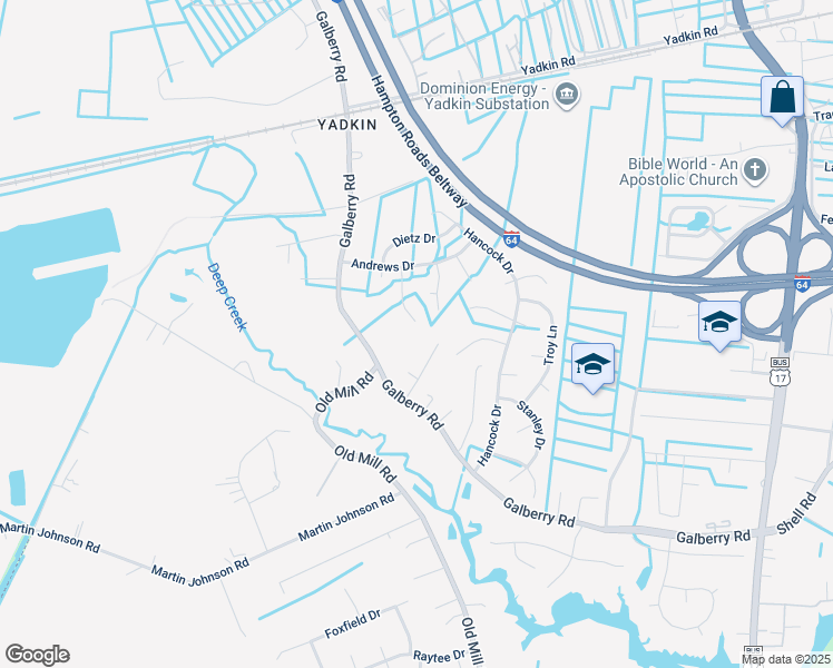 map of restaurants, bars, coffee shops, grocery stores, and more near 3200 Stefanie Court in Chesapeake