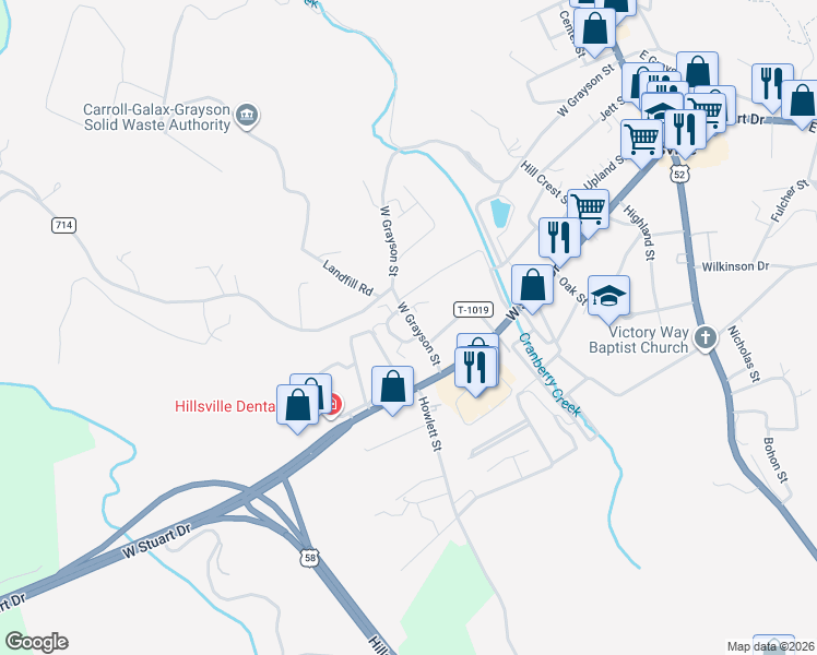 map of restaurants, bars, coffee shops, grocery stores, and more near 620 West Grayson Street in Hillsville