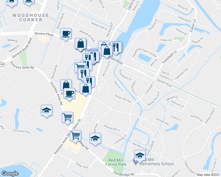 map of restaurants, bars, coffee shops, grocery stores, and more near 2508 Morgan Mill Court in Virginia Beach