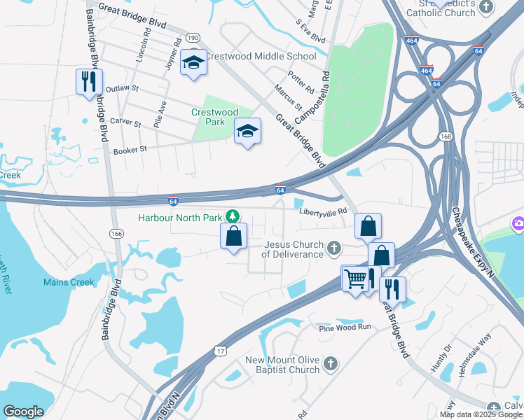 map of restaurants, bars, coffee shops, grocery stores, and more near 618 Harbour North Drive in Chesapeake