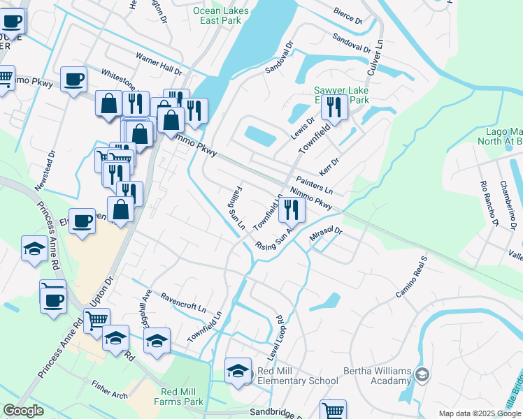 map of restaurants, bars, coffee shops, grocery stores, and more near 1905 Lanark Court in Virginia Beach