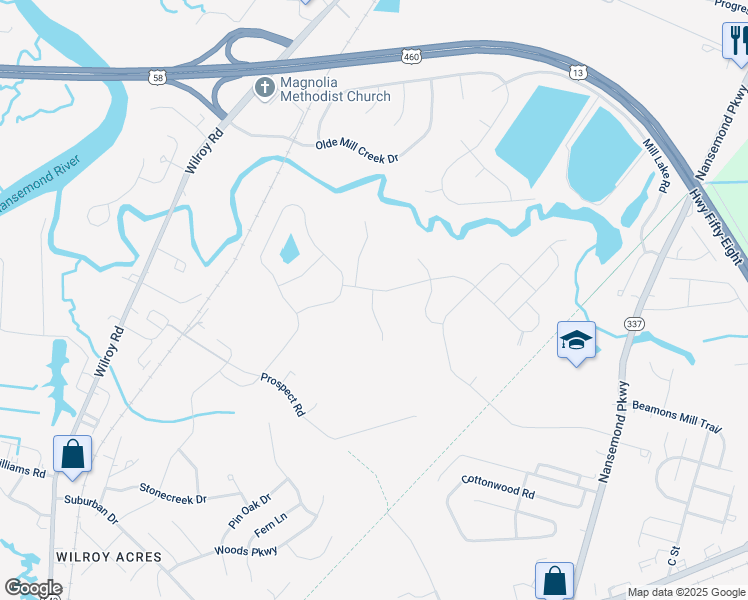 map of restaurants, bars, coffee shops, grocery stores, and more near 111 Musket Circle in Suffolk