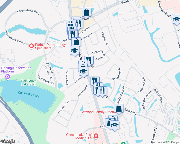 map of restaurants, bars, coffee shops, grocery stores, and more near 1025 North Battlefield Boulevard in Chesapeake