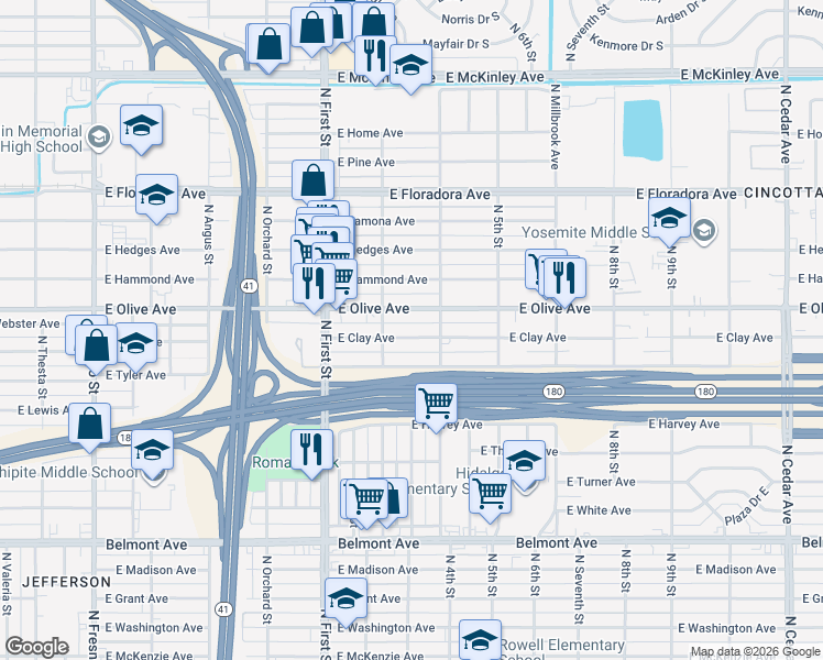 map of restaurants, bars, coffee shops, grocery stores, and more near 3308 East Olive Avenue in Fresno
