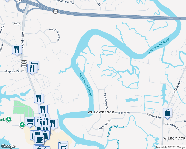 map of restaurants, bars, coffee shops, grocery stores, and more near 1336 River Road in Suffolk