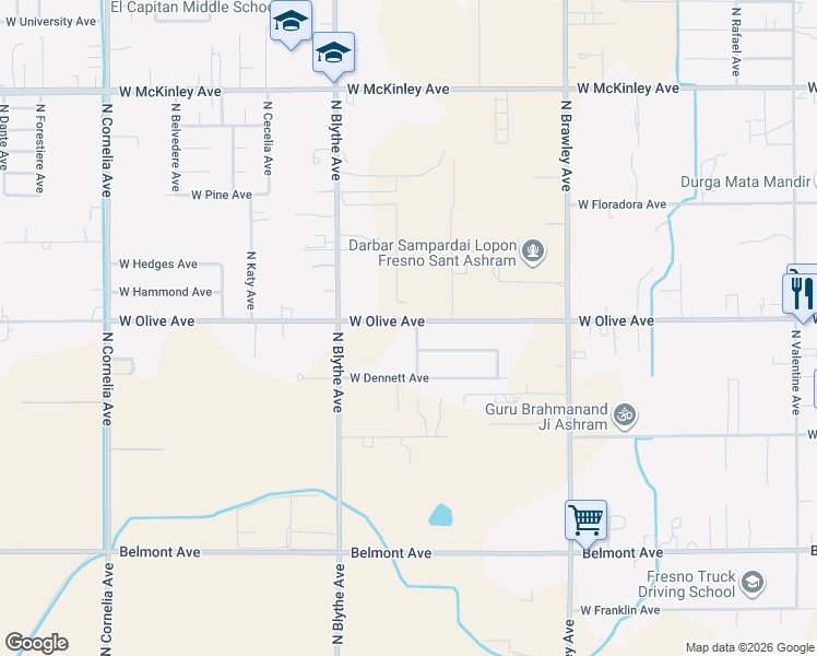 map of restaurants, bars, coffee shops, grocery stores, and more near 4280 West Olive Avenue in Fresno