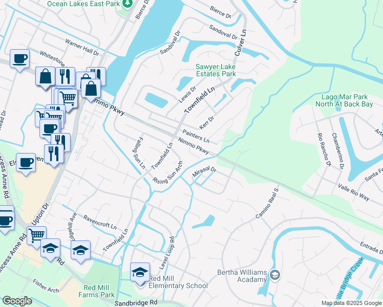 map of restaurants, bars, coffee shops, grocery stores, and more near Big Cypress Court in Virginia Beach