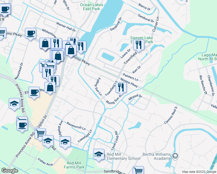 map of restaurants, bars, coffee shops, grocery stores, and more near 1905 Lanark Court in Virginia Beach
