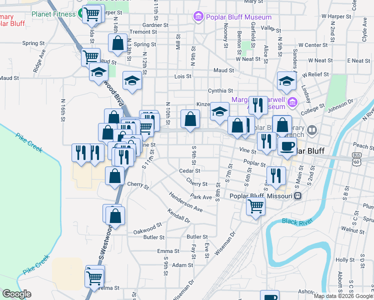 map of restaurants, bars, coffee shops, grocery stores, and more near 910 Vine Street in Poplar Bluff
