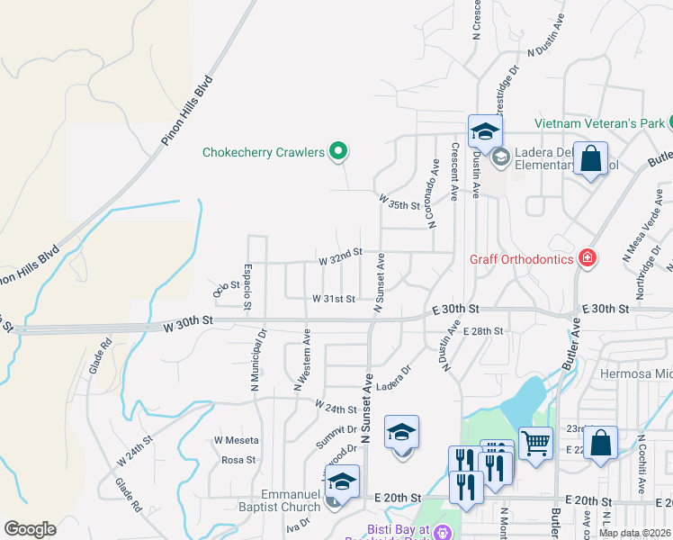 map of restaurants, bars, coffee shops, grocery stores, and more near 400 West 32nd Street in Farmington