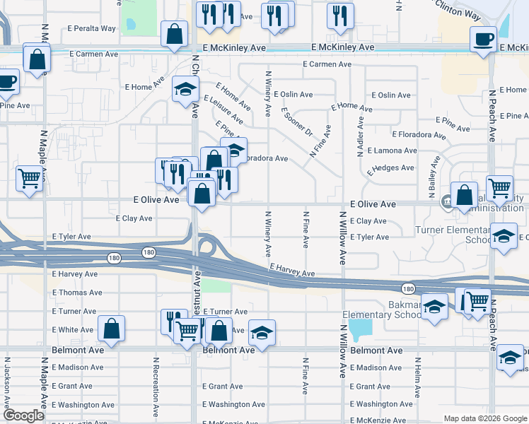 map of restaurants, bars, coffee shops, grocery stores, and more near 4901-4909 East Olive Avenue in Fresno