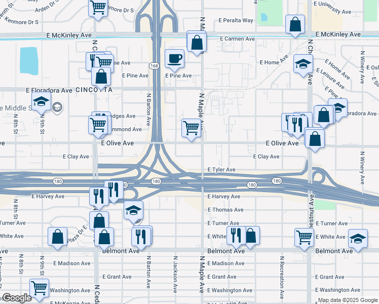 map of restaurants, bars, coffee shops, grocery stores, and more near 4576 East Olive Avenue in Fresno
