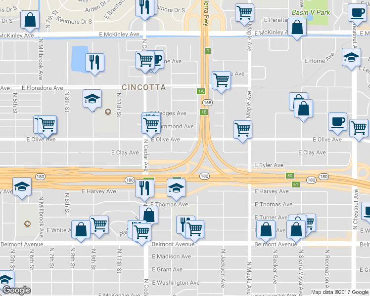 map of restaurants, bars, coffee shops, grocery stores, and more near 4450 East Olive Avenue in Fresno
