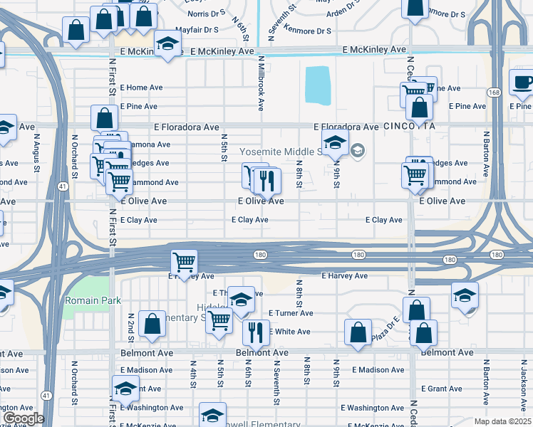 map of restaurants, bars, coffee shops, grocery stores, and more near 3720 East Olive Avenue in Fresno