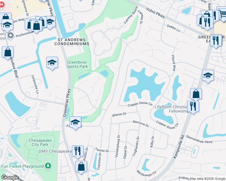 map of restaurants, bars, coffee shops, grocery stores, and more near 1134 Fairway Drive in Chesapeake
