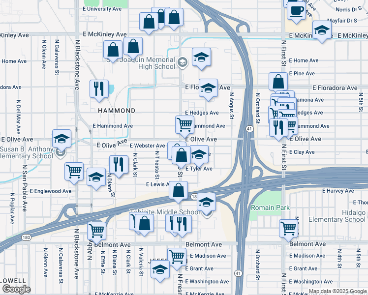 map of restaurants, bars, coffee shops, grocery stores, and more near in Fresno
