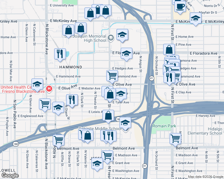 map of restaurants, bars, coffee shops, grocery stores, and more near 1100 N Street in Fresno