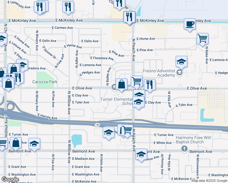 map of restaurants, bars, coffee shops, grocery stores, and more near 5140 East Olive Avenue in Fresno