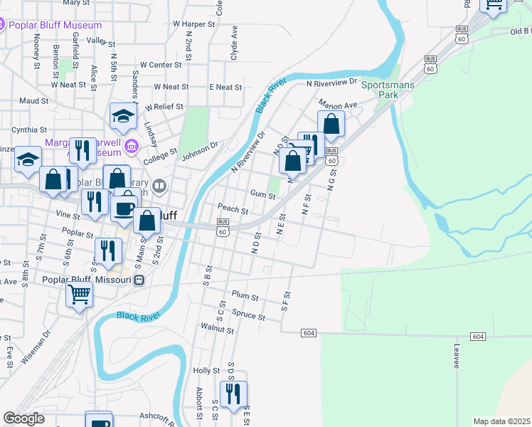 map of restaurants, bars, coffee shops, grocery stores, and more near D State Street in Poplar Bluff