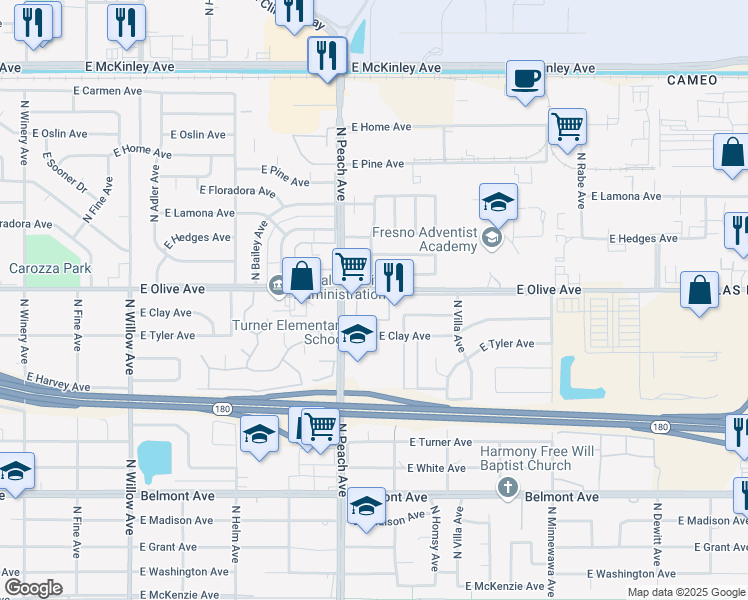 map of restaurants, bars, coffee shops, grocery stores, and more near 5240 East Hammond Avenue in Fresno