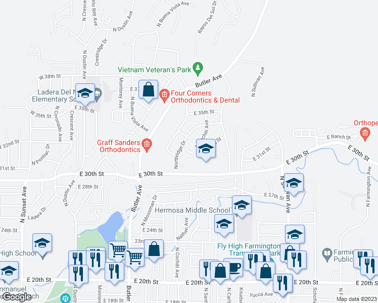 map of restaurants, bars, coffee shops, grocery stores, and more near 3116 Cochiti Avenue in Farmington