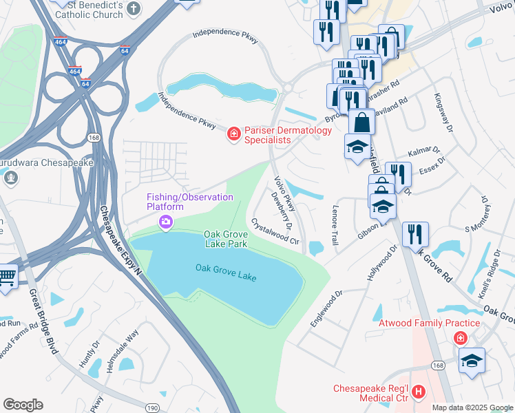 map of restaurants, bars, coffee shops, grocery stores, and more near 1141 Crystalwood Circle in Chesapeake