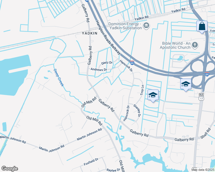 map of restaurants, bars, coffee shops, grocery stores, and more near 3200 Stefanie Court in Chesapeake