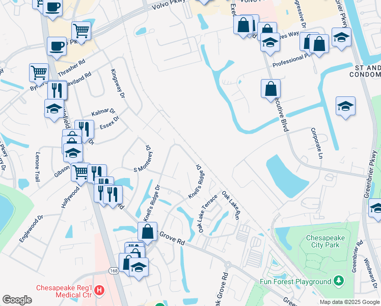 map of restaurants, bars, coffee shops, grocery stores, and more near 341 Knell's Ridge Drive in Chesapeake