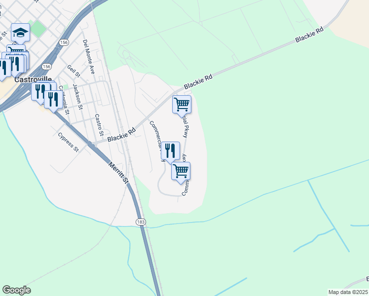map of restaurants, bars, coffee shops, grocery stores, and more near 11405 Commercial Parkway in Castroville
