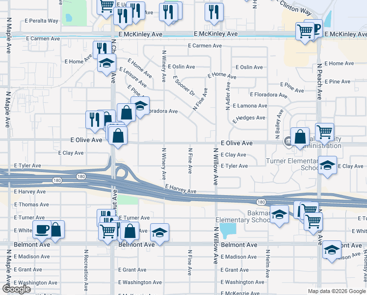 map of restaurants, bars, coffee shops, grocery stores, and more near 4938 East Olive Avenue in Fresno