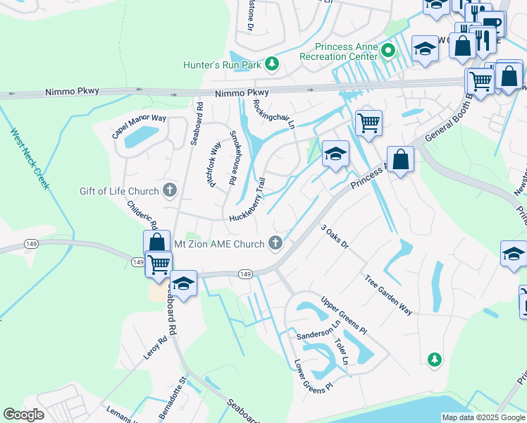 map of restaurants, bars, coffee shops, grocery stores, and more near 2300 Woodland Court in Virginia Beach