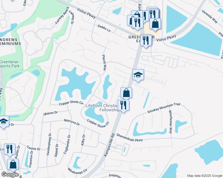 map of restaurants, bars, coffee shops, grocery stores, and more near 1151 Killington Arch in Chesapeake