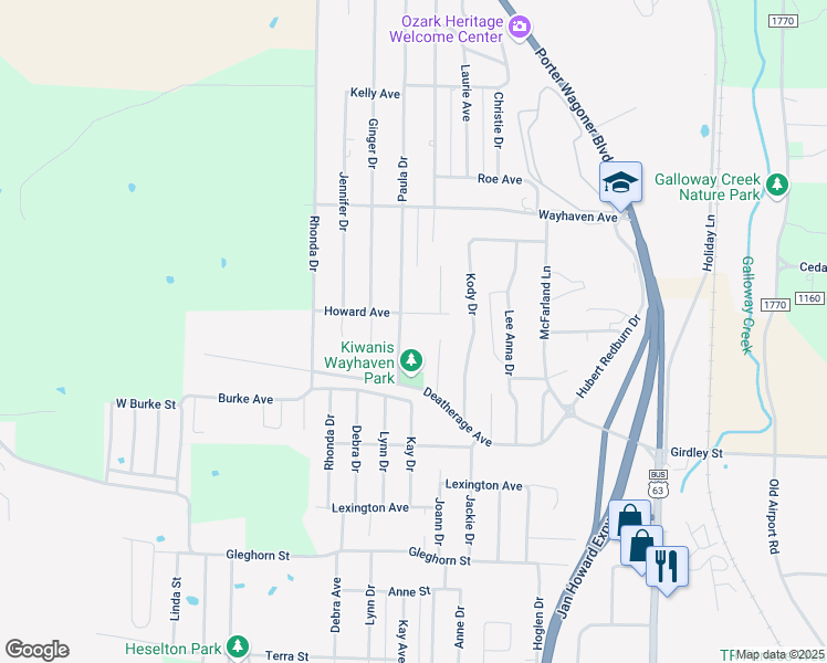 map of restaurants, bars, coffee shops, grocery stores, and more near 2501-2599 Paula Drive in West Plains