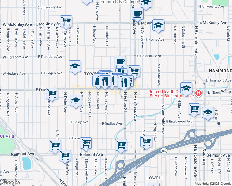 map of restaurants, bars, coffee shops, grocery stores, and more near 1131 North Yosemite Avenue in Fresno