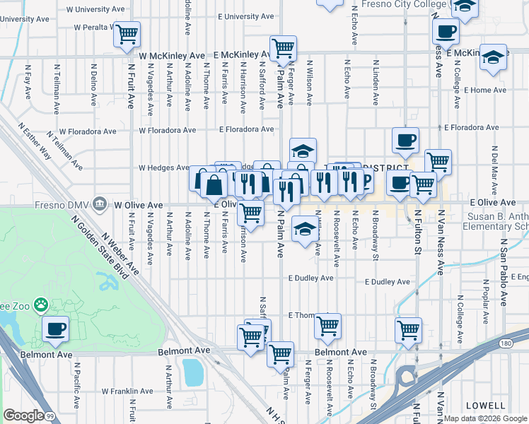 map of restaurants, bars, coffee shops, grocery stores, and more near 212 East Olive Avenue in Fresno