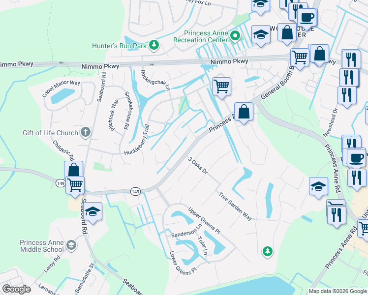 map of restaurants, bars, coffee shops, grocery stores, and more near 2248 Princess Anne Road in Virginia Beach