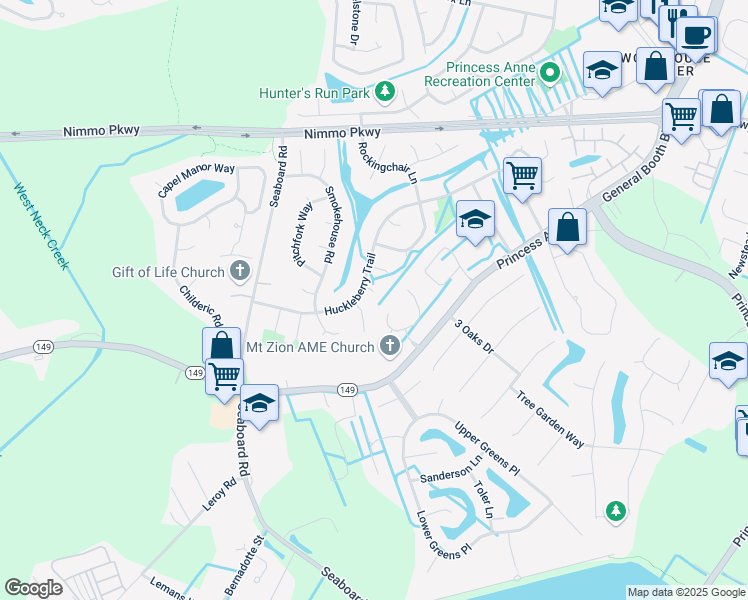 map of restaurants, bars, coffee shops, grocery stores, and more near 2300 Woodland Court in Virginia Beach