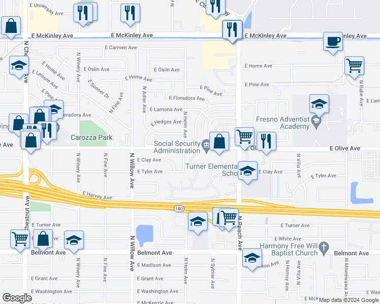 map of restaurants, bars, coffee shops, grocery stores, and more near 5108 East Olive Avenue in Fresno