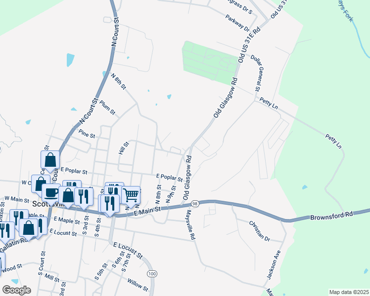 map of restaurants, bars, coffee shops, grocery stores, and more near 709 North 9th Street in Scottsville