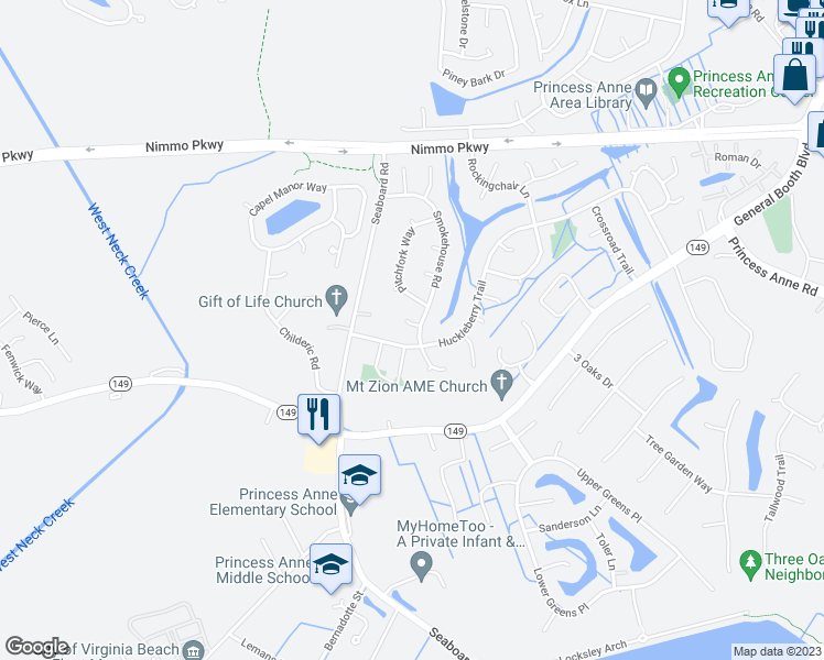 map of restaurants, bars, coffee shops, grocery stores, and more near 1701 Cornsilk Circle in Virginia Beach