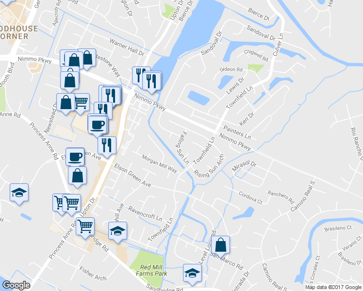 map of restaurants, bars, coffee shops, grocery stores, and more near 2028 Falling Sun Lane in Virginia Beach