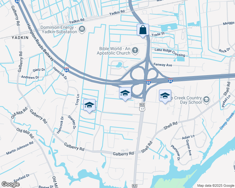 map of restaurants, bars, coffee shops, grocery stores, and more near 2841 Forehand Drive in Chesapeake