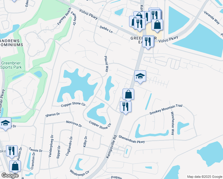 map of restaurants, bars, coffee shops, grocery stores, and more near 1151 Killington Arch in Chesapeake