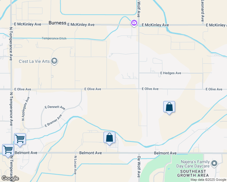map of restaurants, bars, coffee shops, grocery stores, and more near 7757 East Olive Avenue in Fresno